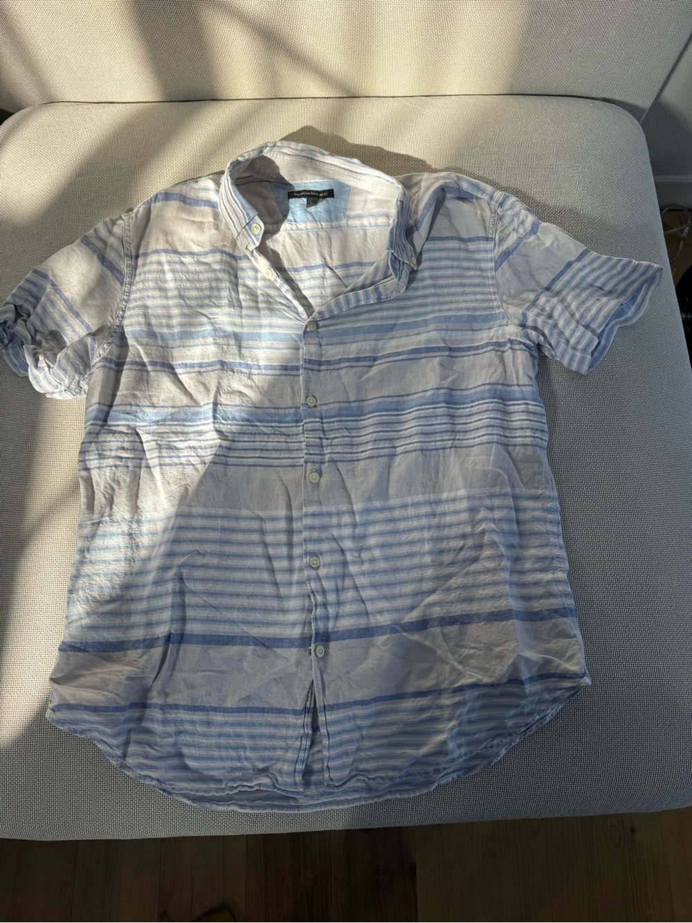 Banana Republic Light Blue and White Striped Short-Sleeve Button-Down Shirt